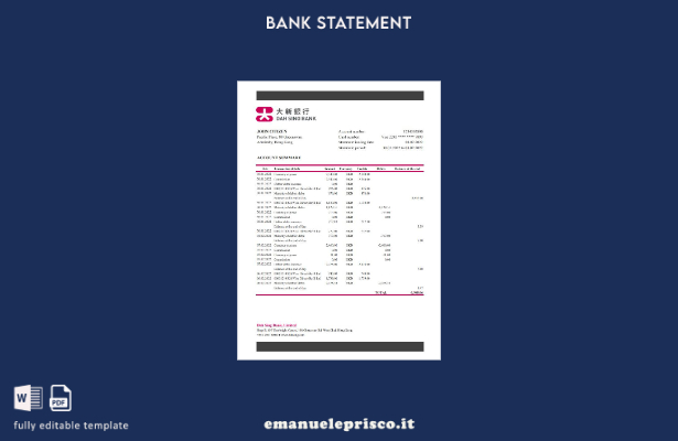 modello Excel di estratto conto bancario DAH Sing di Hong Kong in stile verifica
